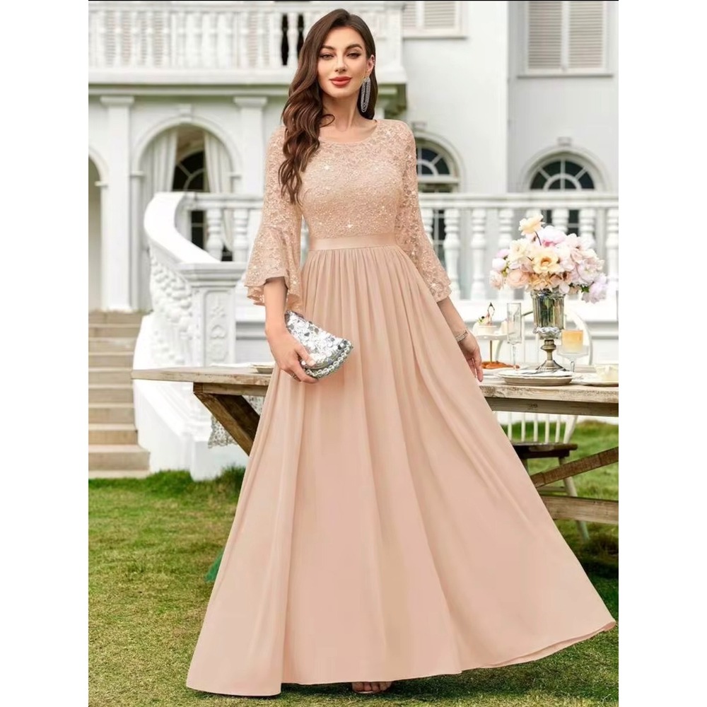 Miusol Womens XL Lace Sequin Bell Sleeve Chiffon Maxi Evening Gown Peach Pink